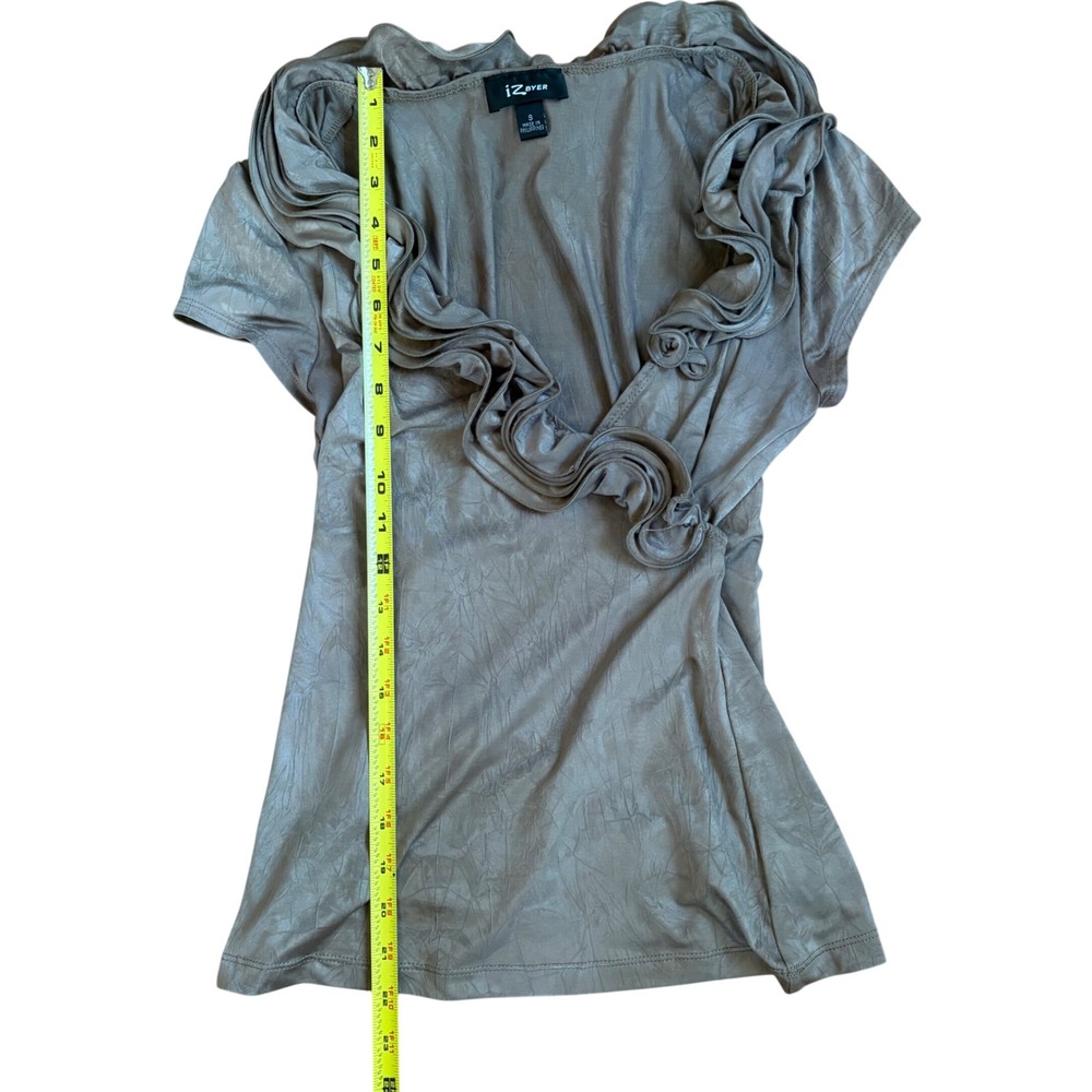 Y2K Taupe Waterfall Ruffle Faux Wrap Top Metallic Small Ruched Glam Romantic - Picture 6 of 7